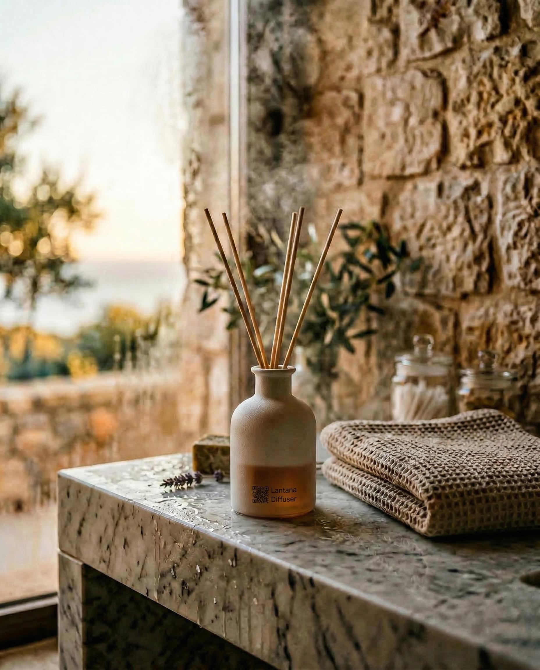 Reed diffuser on marble counter with sea view