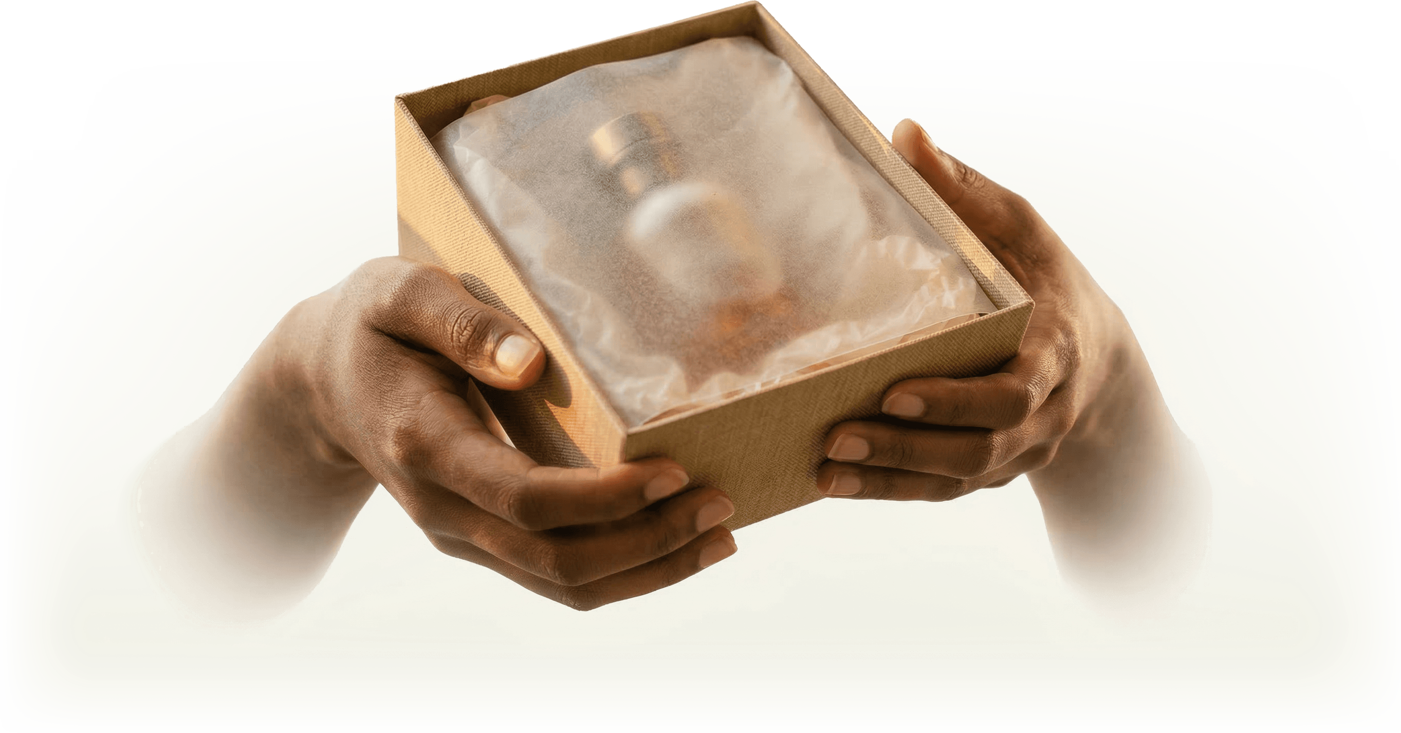 Hands presenting a bottle in a gift box