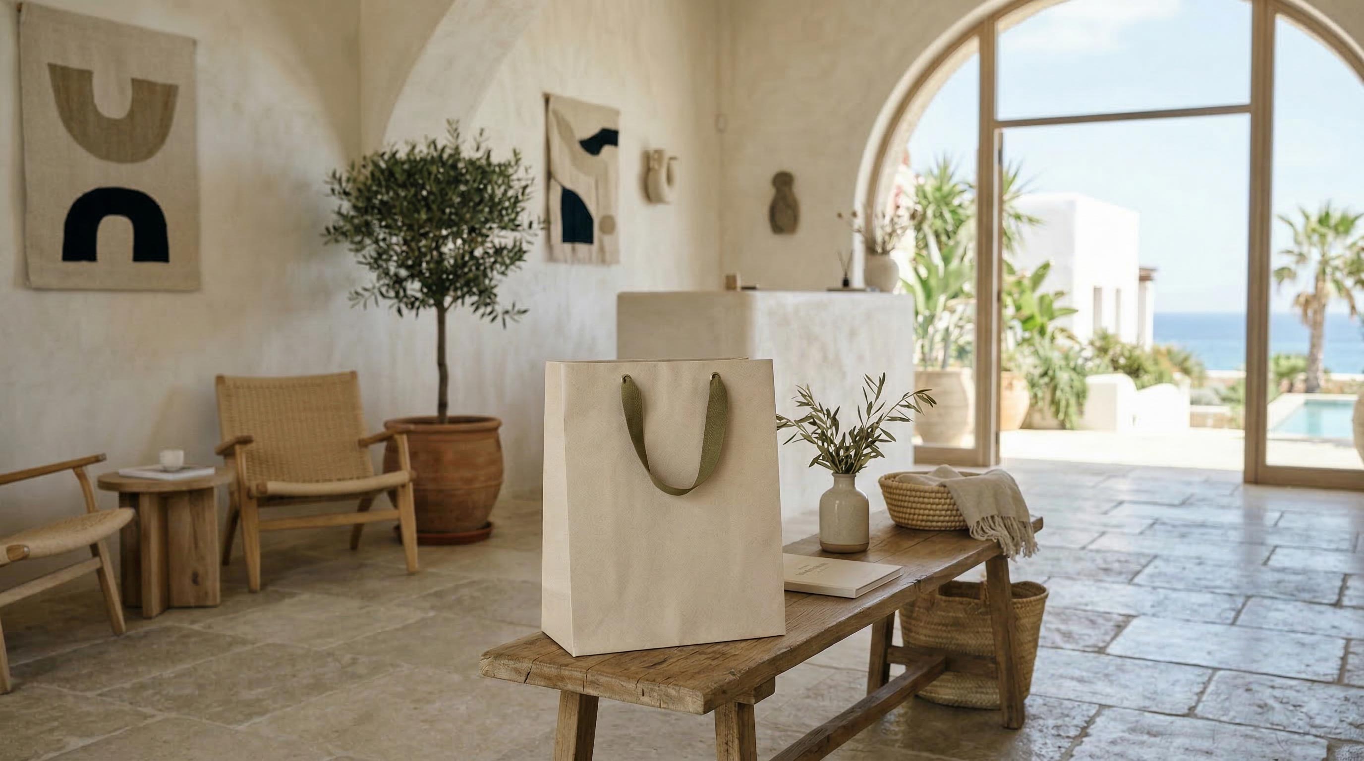 Gift bag in a Mediterranean hotel lobby with sea view
